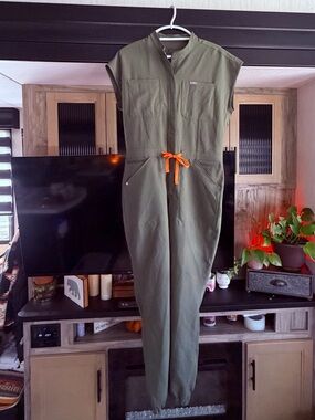 Olive Green Women's Utility Jumpsuit with Orange Tie